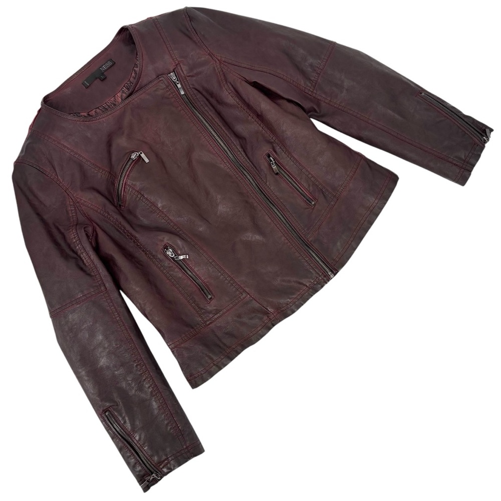 Ness Burgundy Vegan Leather Collarless Moto-Style Jacket, Large